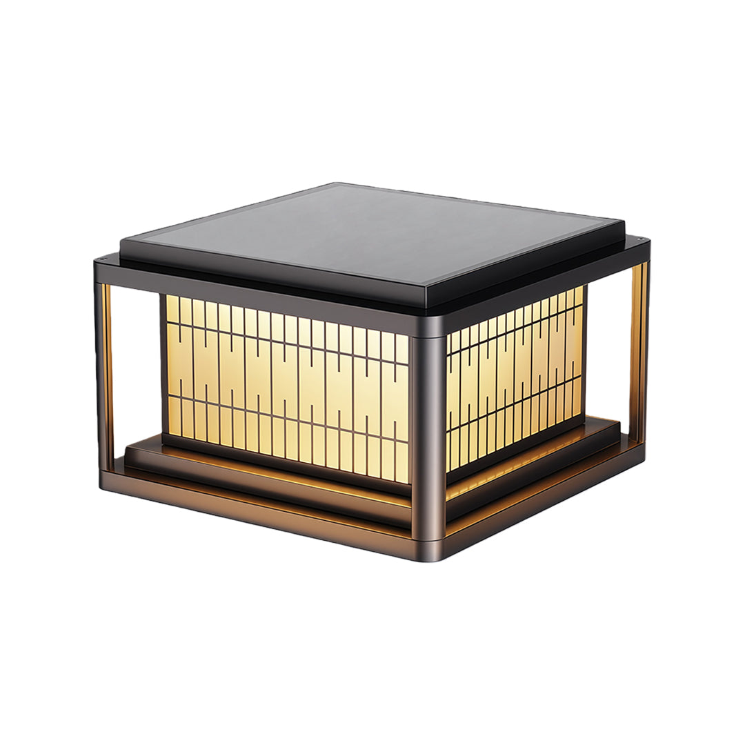 Black outdoor pillar LED light with decorative lattice design and warm LED illumination at 45-degree angle.