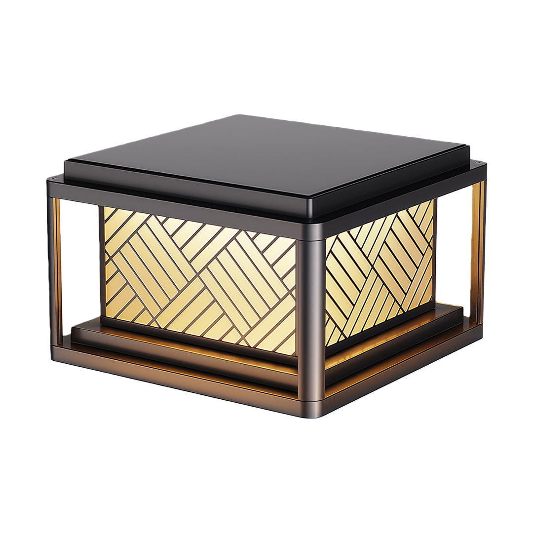 Compact black outdoor pillar LED light with frosted glass panels and geometric metal frame.