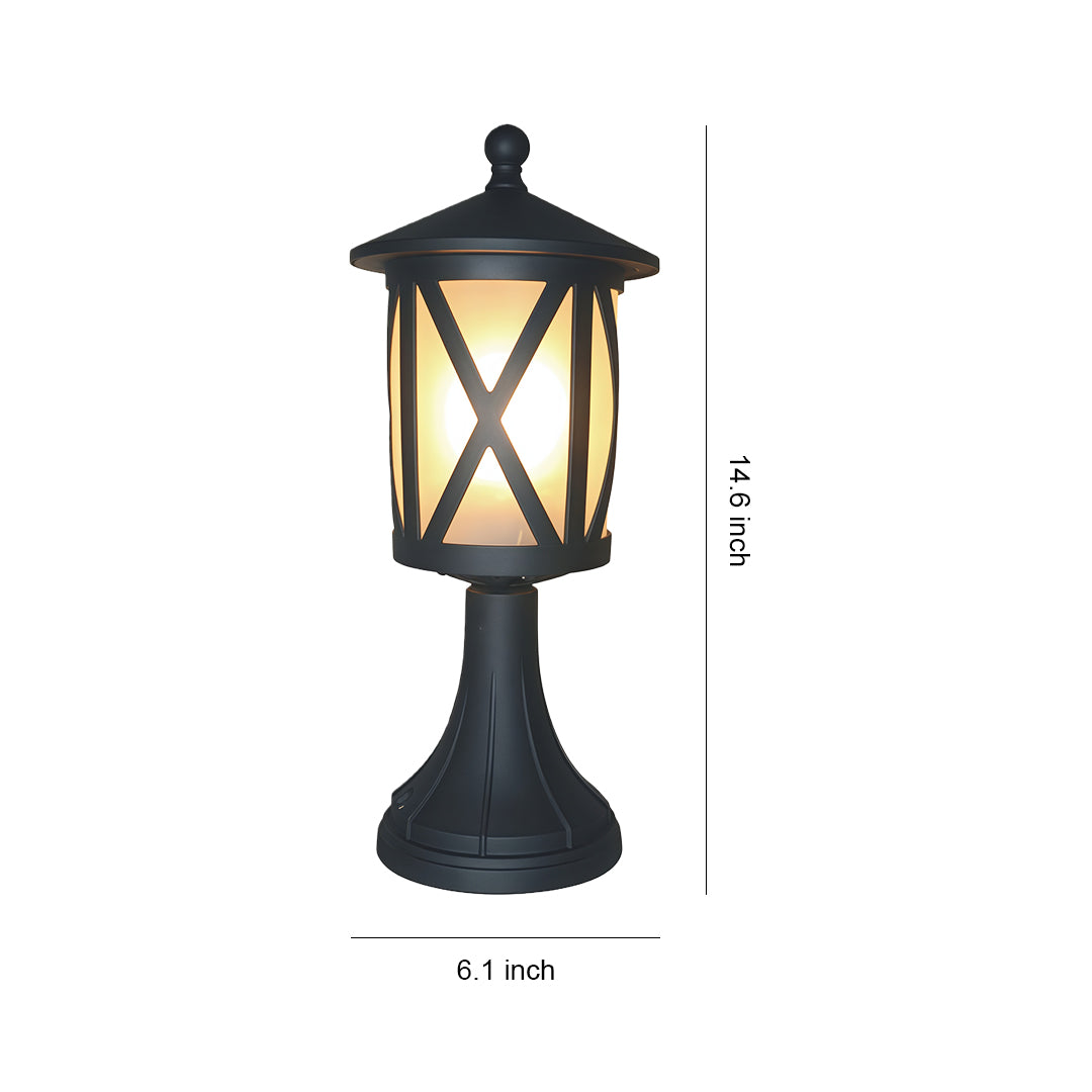 Black outdoor pillar light with crisscross glass design and warm LED glow, shown with height measurement