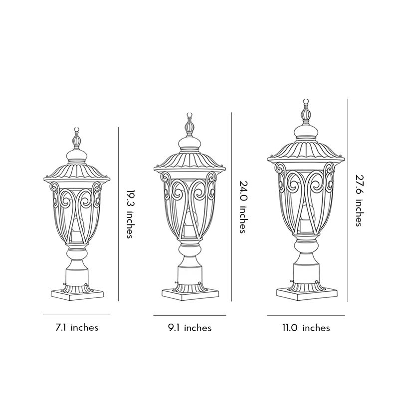 Black outdoor pillar light in a garden setting, emphasizing its elegant design and warm lighting.