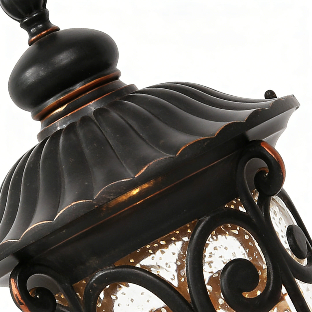 Technical diagram showing dimensions and structure of a black outdoor pillar light model.