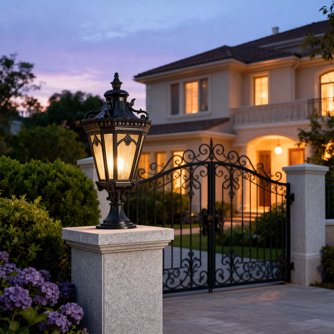 Black outdoor pillar light with ornate Victorian-style design and frosted glass, displayed with height measurement