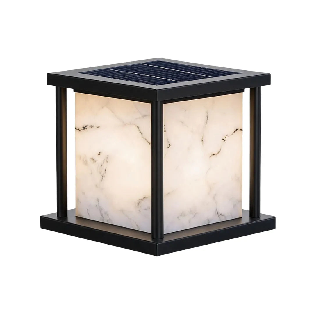Outdoor pillar solar lights with a black metal frame and illuminated faux marble diffuser.