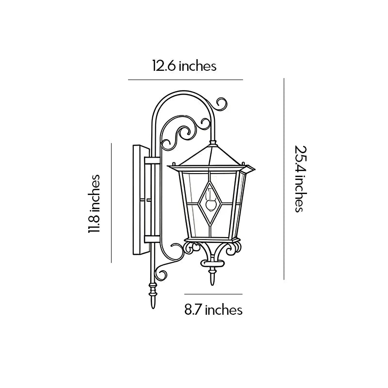 Black outdoor sconce dimension drawing showing fixture height, width, extension, and overall measurements.