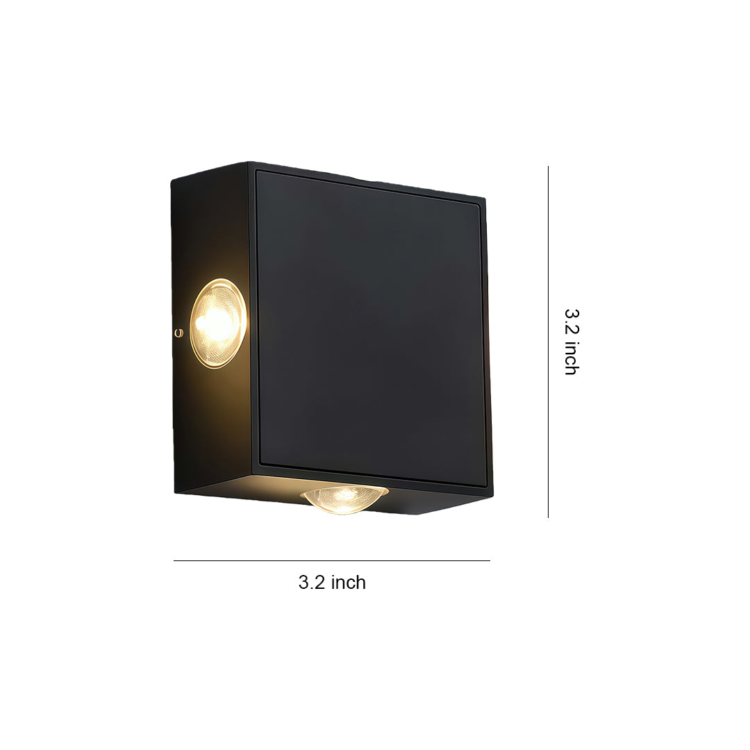 Black outdoor sconce light with glass shade chandelier inspired design featuring compact cube shape with single directional opening.