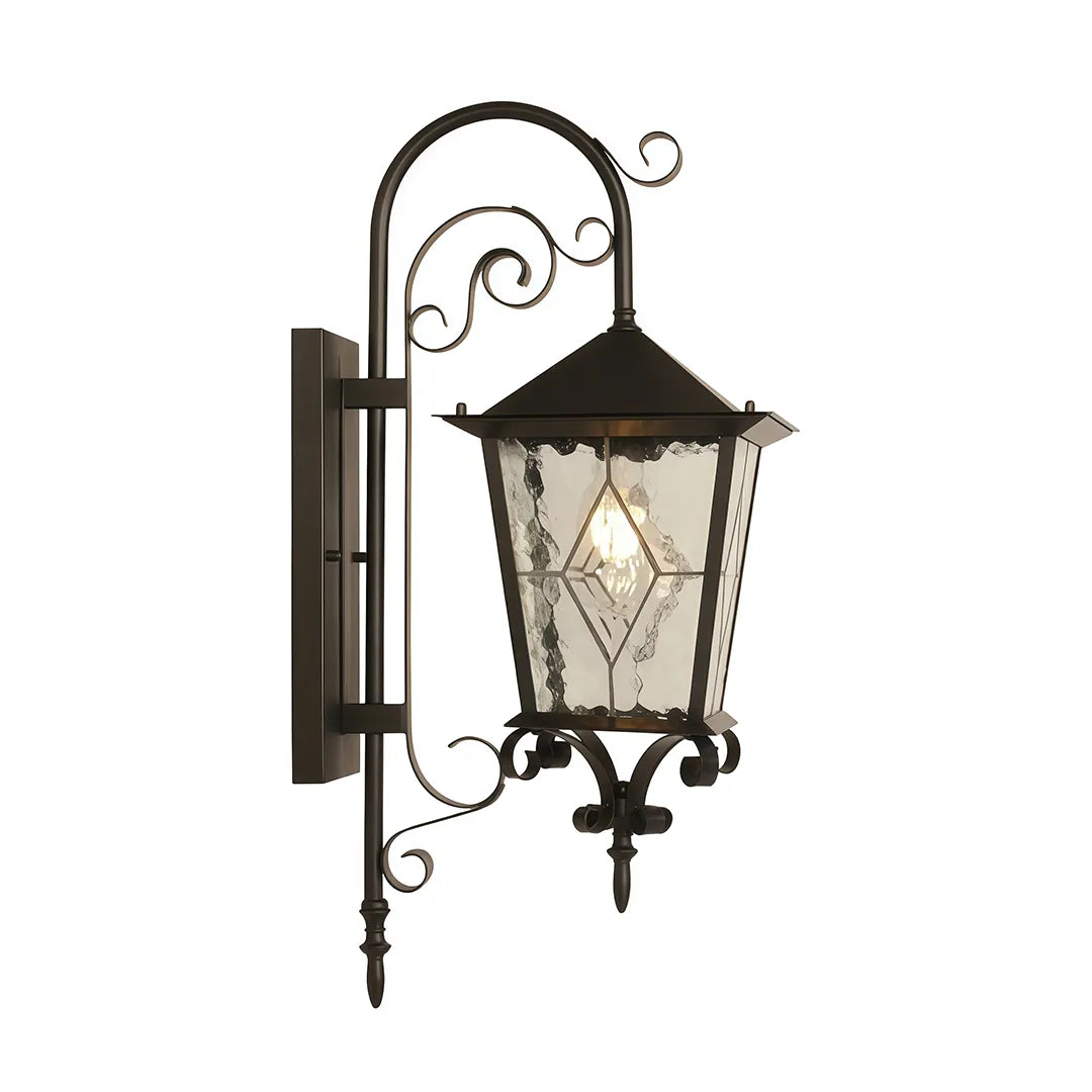 Black outdoor sconce product image on a white background, featuring a traditional hanging lantern silhouette.