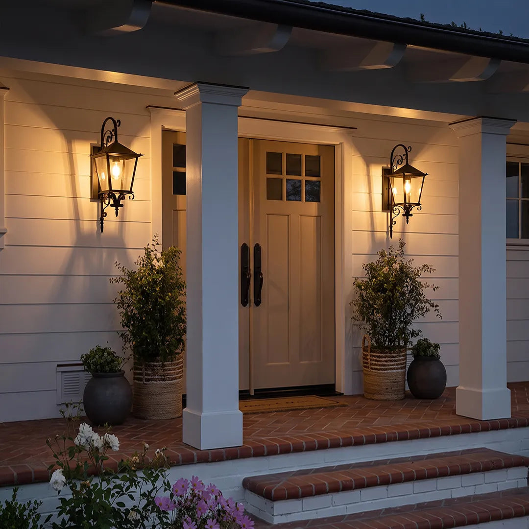 Black outdoor sconces installed on a covered porch, illuminating the front door with a timeless lantern look.