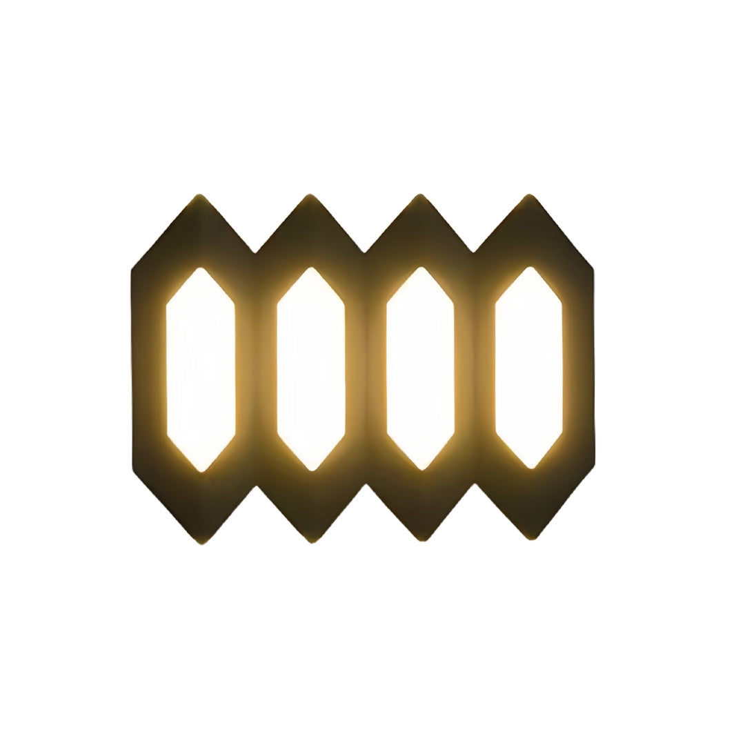 Four-unit geometric black outdoor up and down wall lights design displayed with warm illumination on a white backdrop.