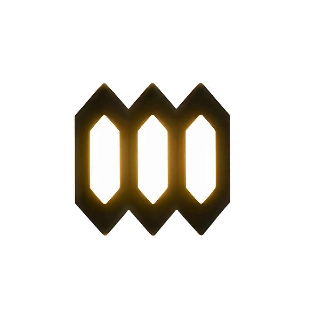 Modern triple-frame black outdoor up and down wall lights presented on a white background showcasing its warm glow.