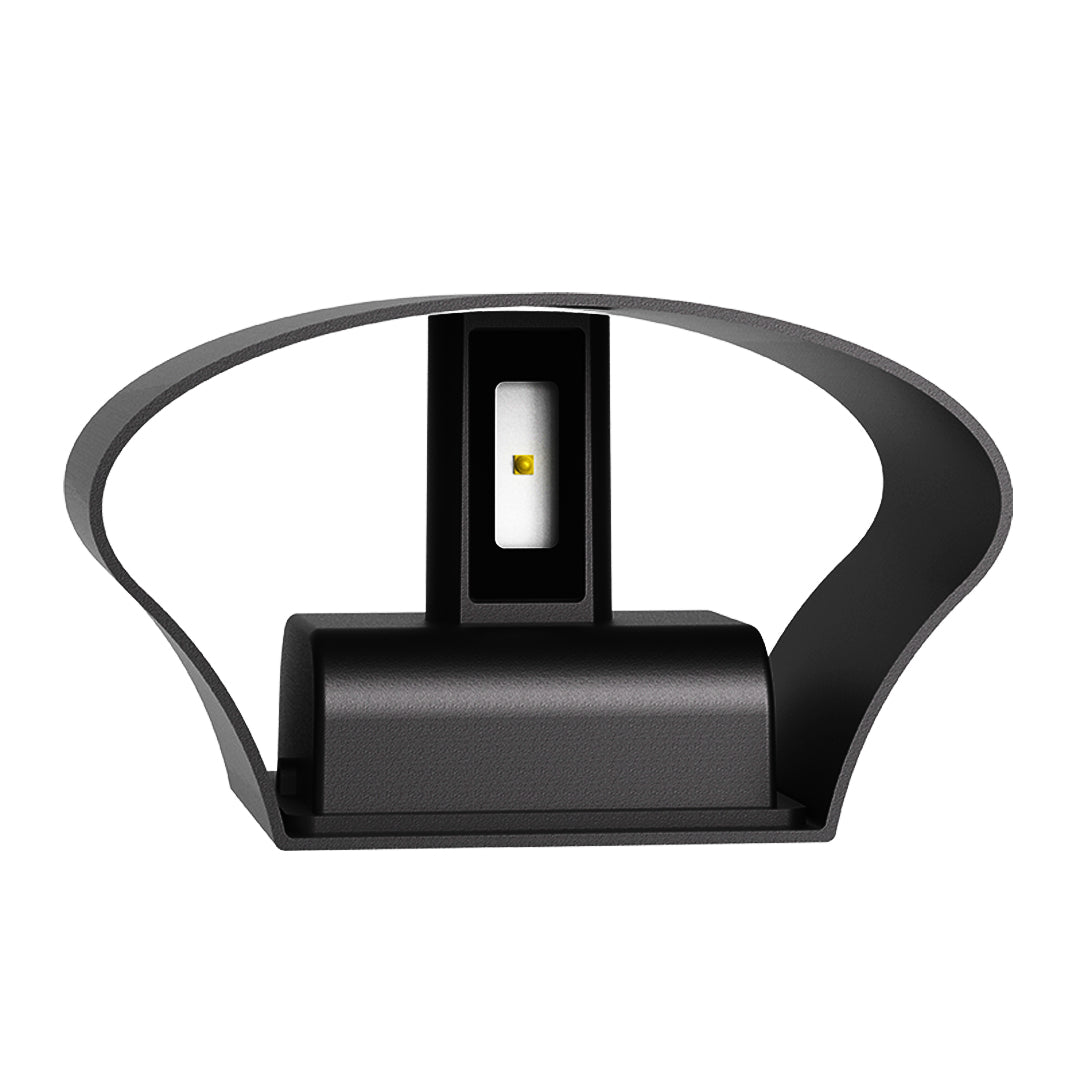 Black outdoor up down wall light with curved design and central LED module on white background