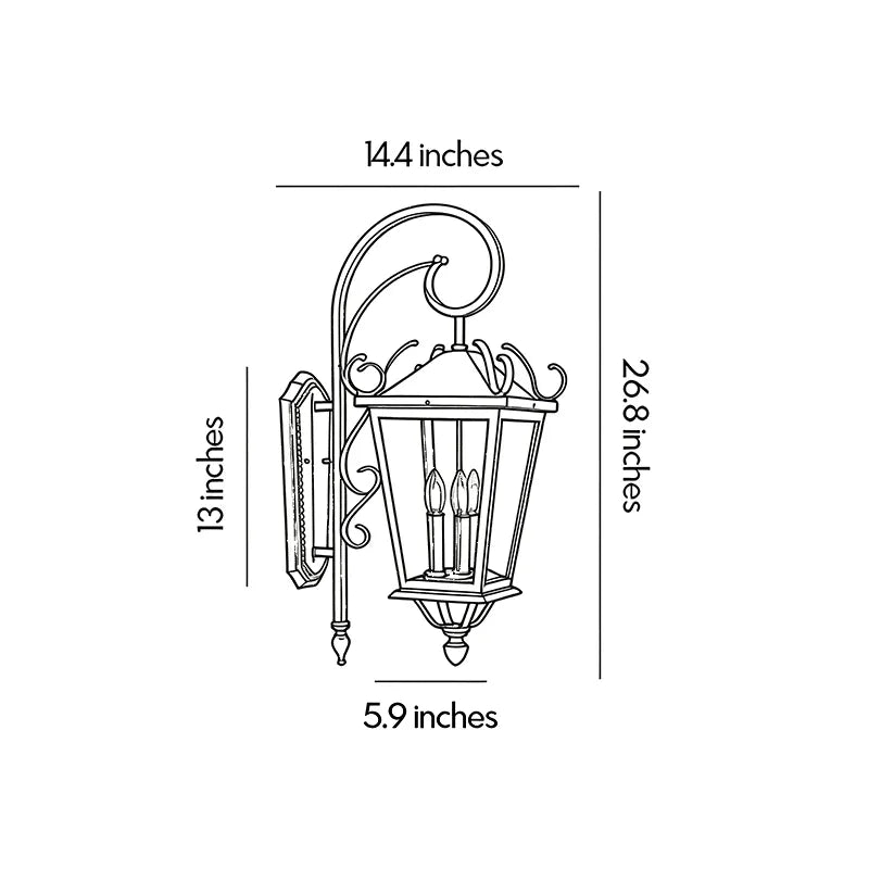 Black outdoor wall light dimension drawing showing fixture height, width, extension, and mounting measurements.