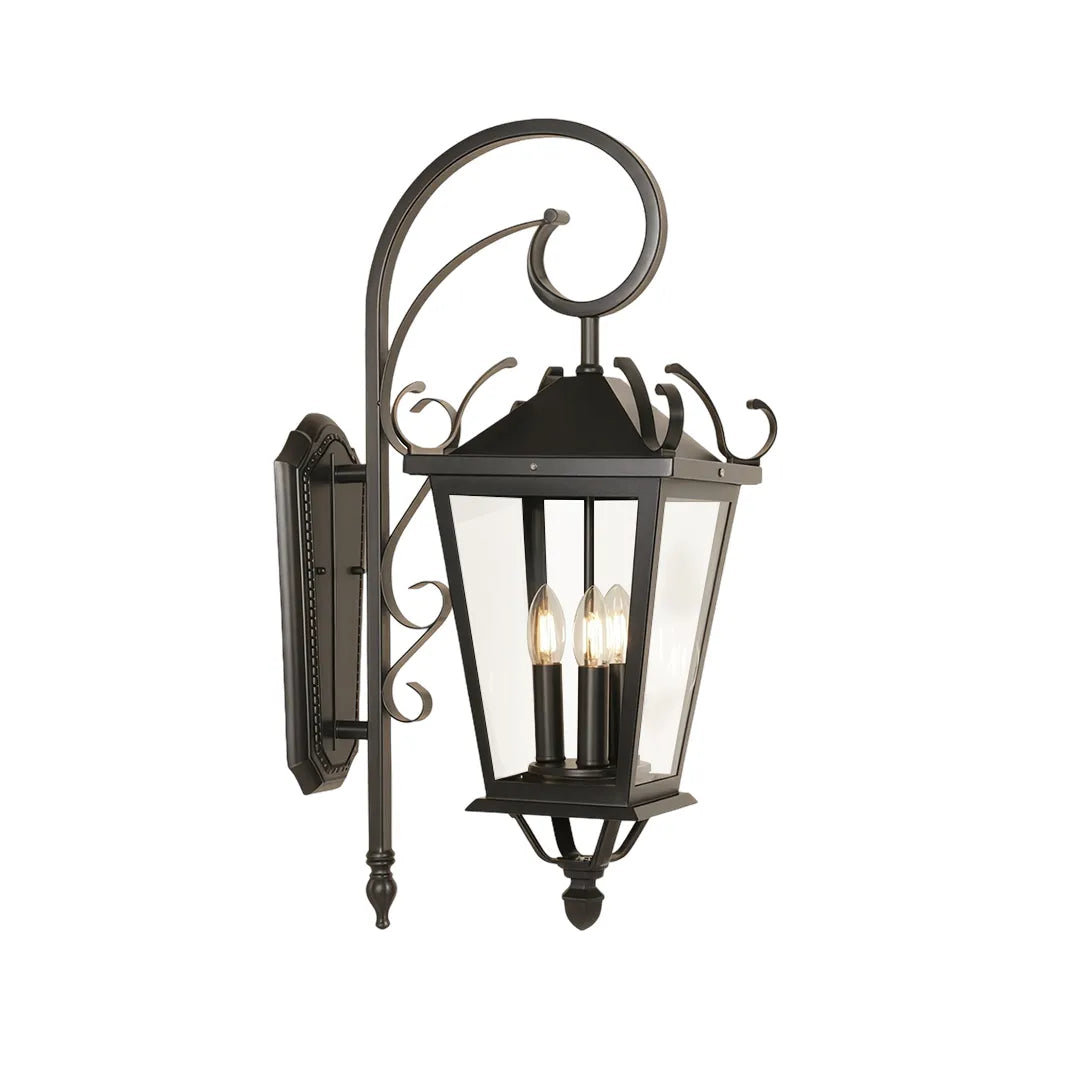 Black outdoor wall light product image on a white background, featuring a traditional lantern silhouette with decorative scroll arm details.