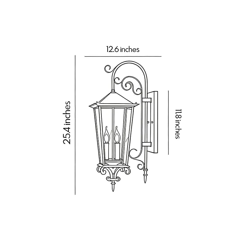 Black outdoor wall sconce dimension drawing showing fixture height, width, extension, and mounting measurements.