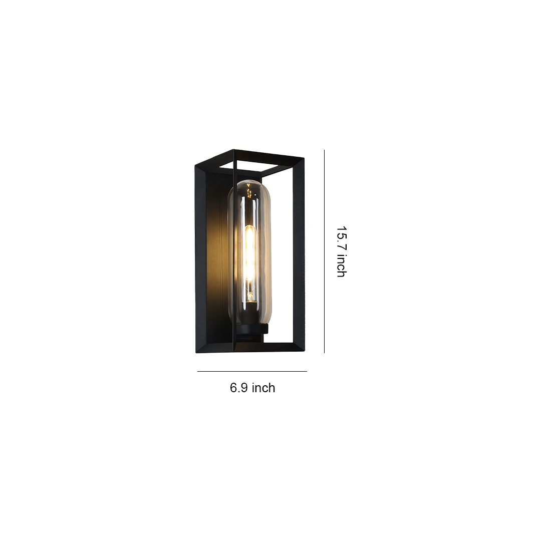 Compact black outdoor wall sconce modern design with sleek rectangular frame and warm interior lighting