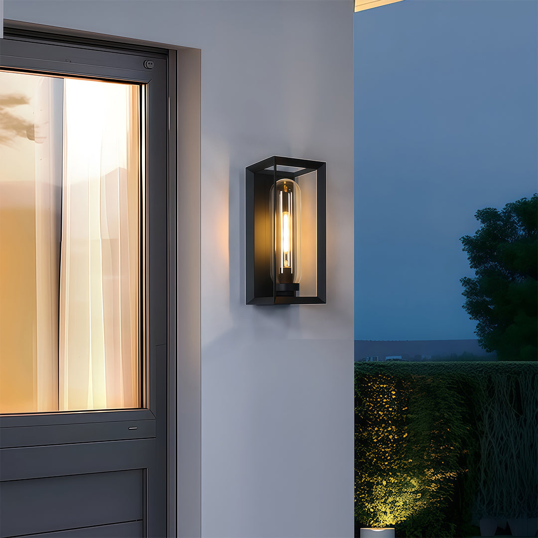 Black outdoor wall sconce modern fixtures flanking entrance door creating welcoming porch illumination