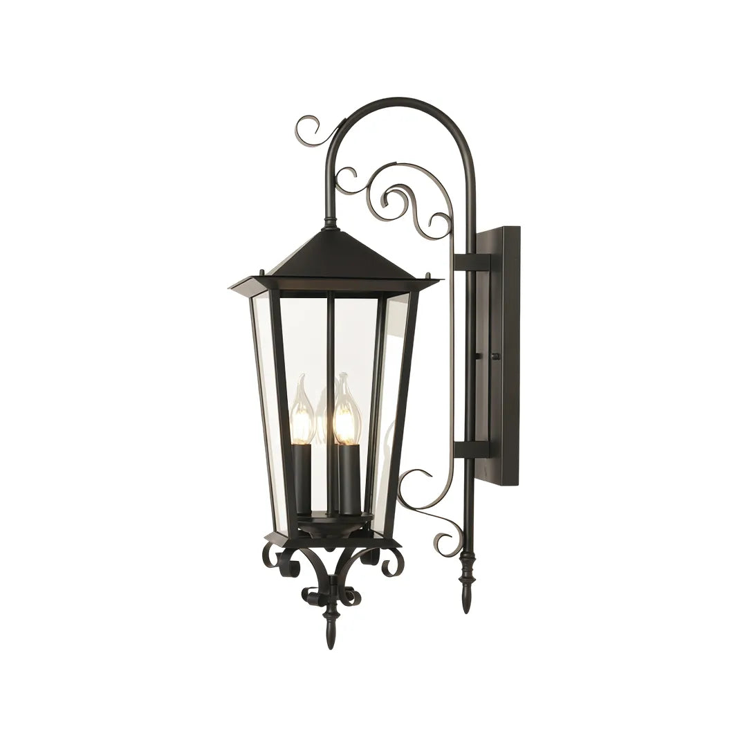 Black outdoor wall sconce product image on a white background, featuring a classic hanging lantern silhouette with ornate scrollwork.