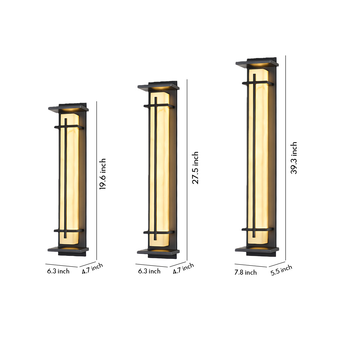 Dimension chart showing three available sizes for the black outside wall light: 19.6, 27.5, and 39.3 inches.