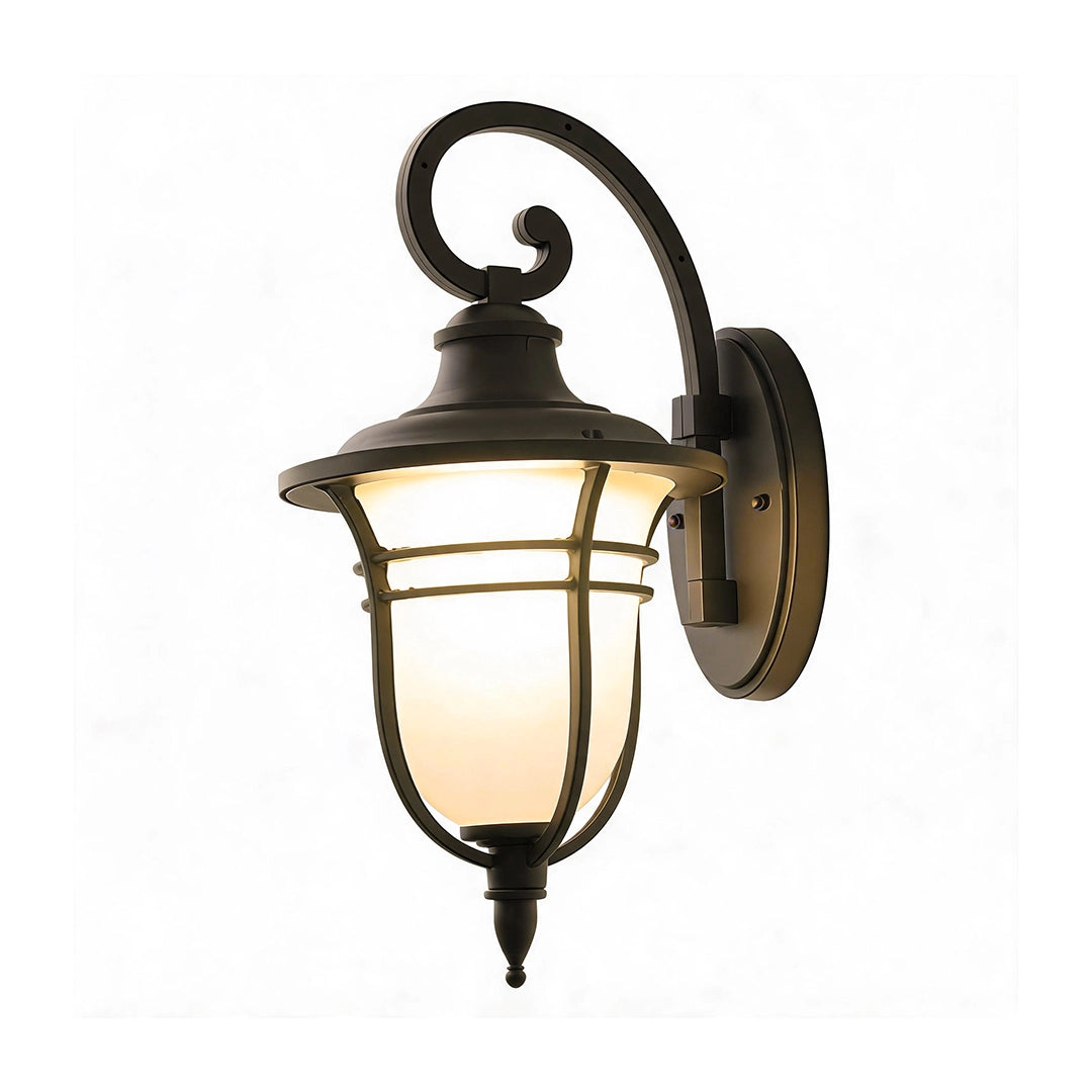 Black outside wall lights with a curved arm and classic lantern frame for traditional exterior spaces.