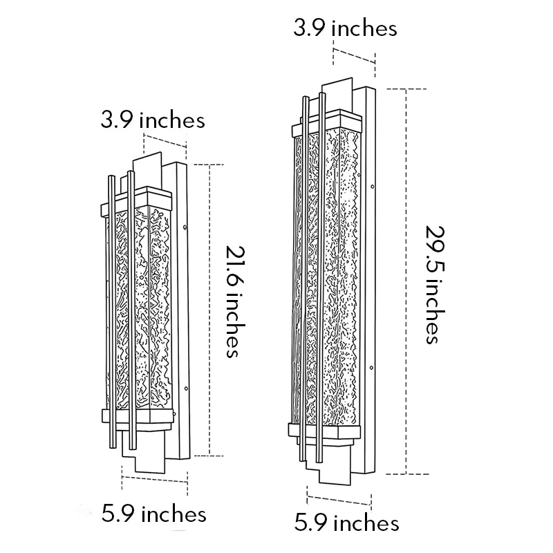 Black outside wall lights dimension guide showing two tall fixture sizes with textured glass panels.