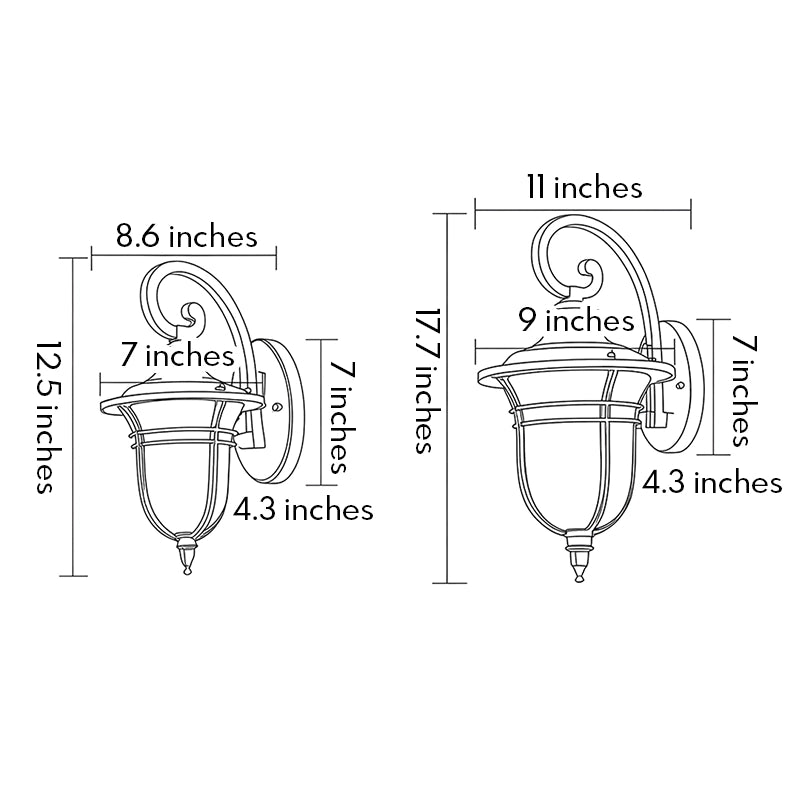 Black outside wall lights dimension guide showing two sizes of classic lantern-style exterior sconces.