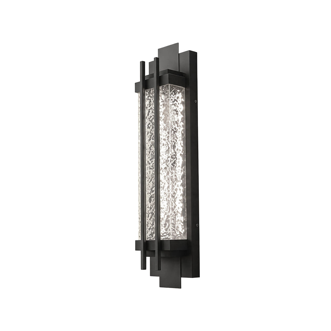 Black outside wall lights featuring a slim vertical frame with decorative seeded glass.
