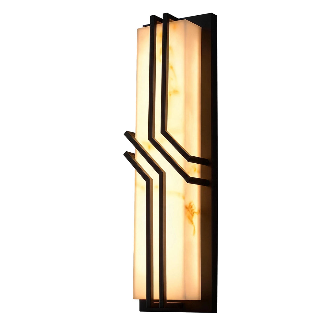 Black outside wall lights with a tall frame and textured glass diffuser for warm exterior lighting.