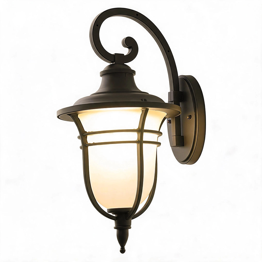Black outside wall lights featuring a traditional lantern design with curved metal details and frosted glass.