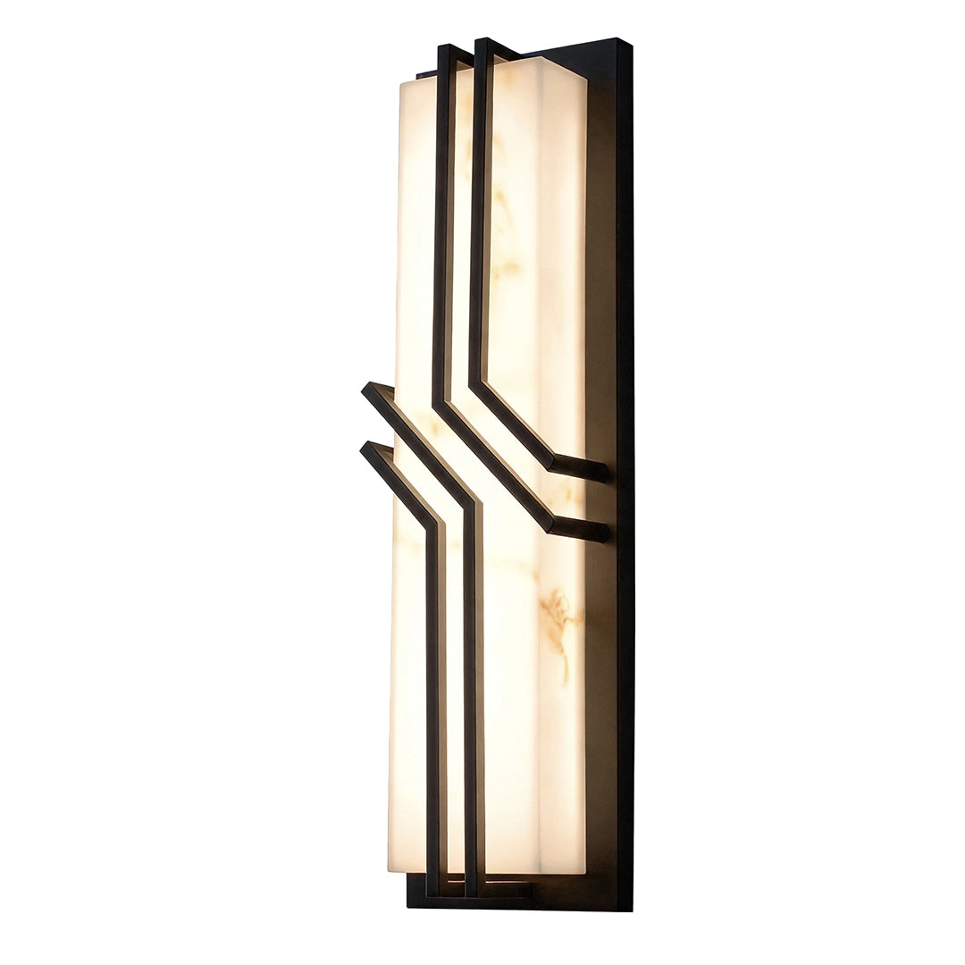 Black outside wall lights featuring a slim vertical frame and clear textured glass shade.