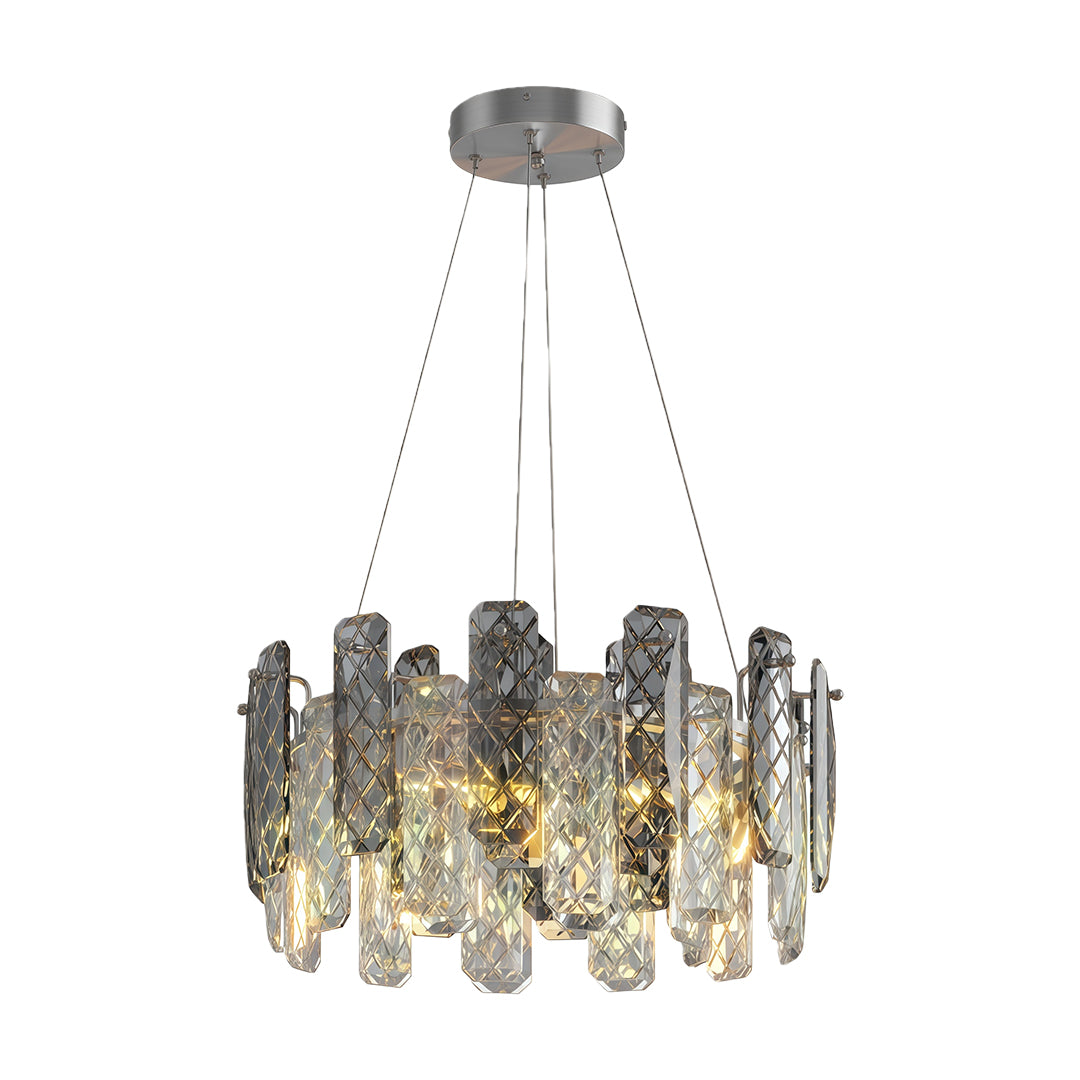 Contemporary crystal chandeliers in black oxide with dense smoked crystal pattern.