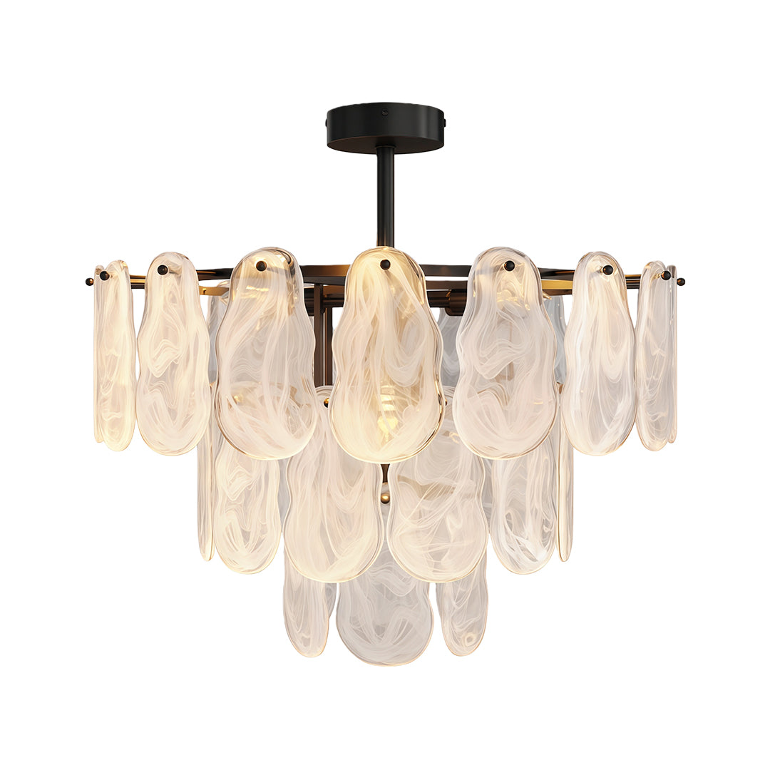Luxury midcentury modern chandeliers with black oxide finish and dramatic glass panel configuration.