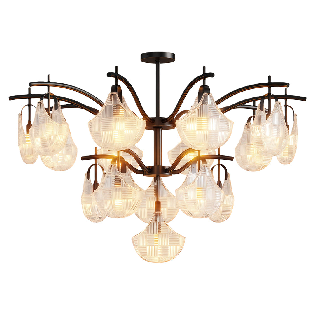 Shell chandelier light in black oxide with dramatic shell glass configuration.