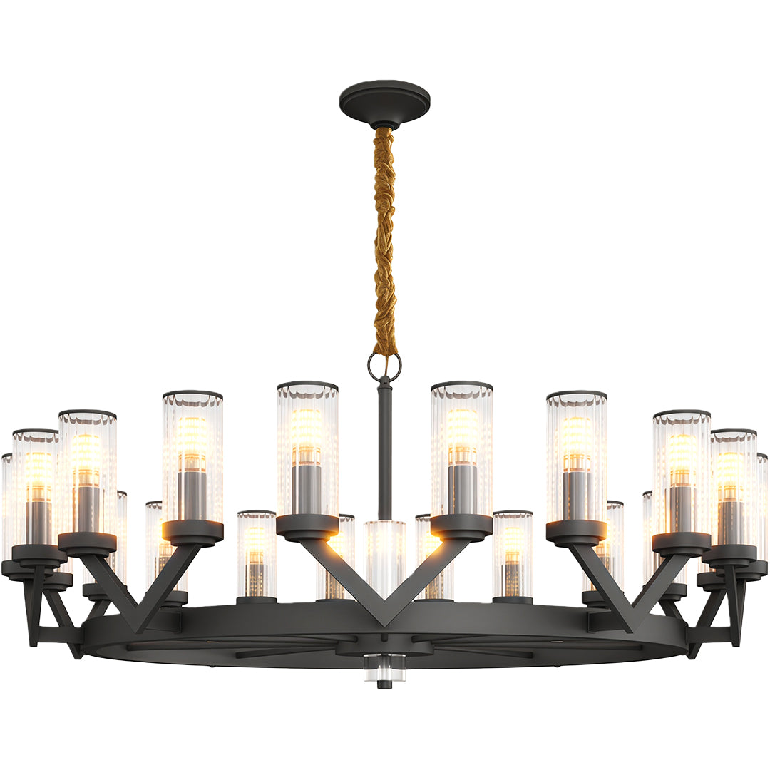 Glass drop chandelier in black oxide with elongated circular glass design