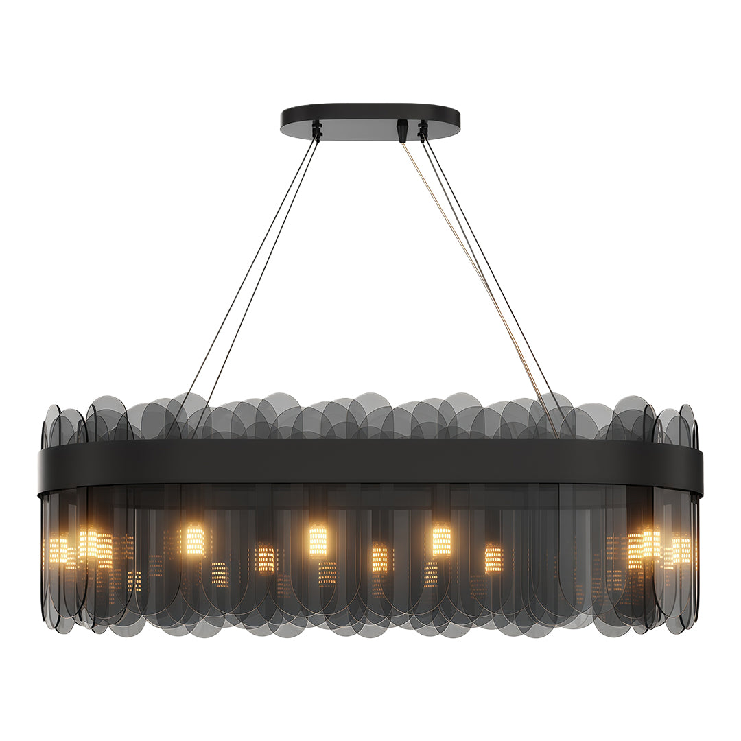 Modern copper chandelier in black oxide with elongated rectangular glass configuration