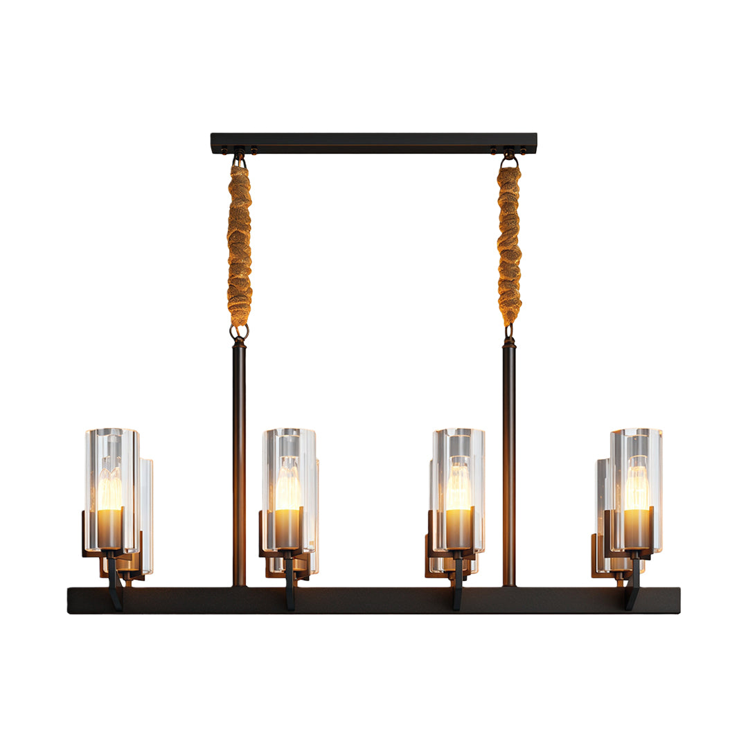 Shell chandeliers in black oxide with linear frame and evenly spaced glass cylinder shades