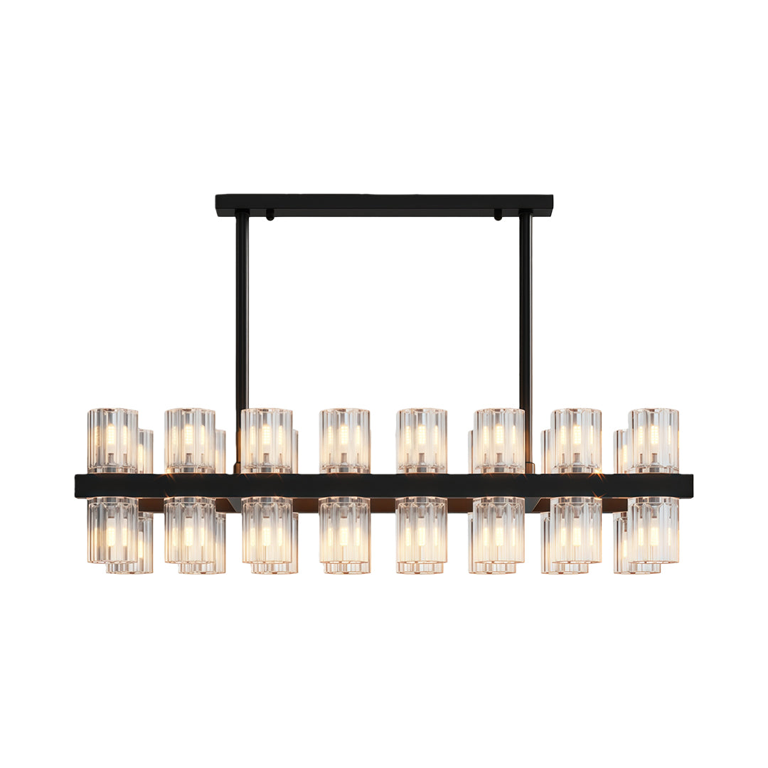 Modern luxury crystal chandeliers in black oxide with linear glass cylinder configuration.