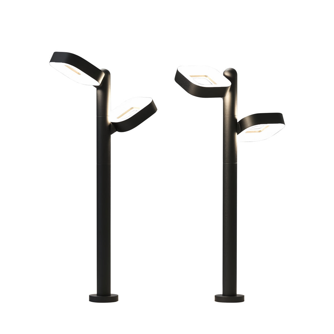 Minimalist black path light with two adjustable heads shown against a clean white backdrop.