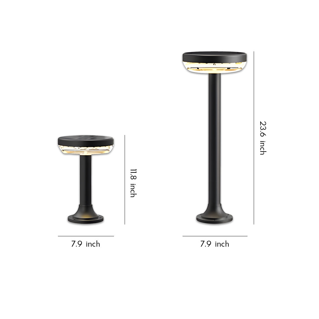 Modern black path light solar fixture in two height options with sleek outdoor design.
