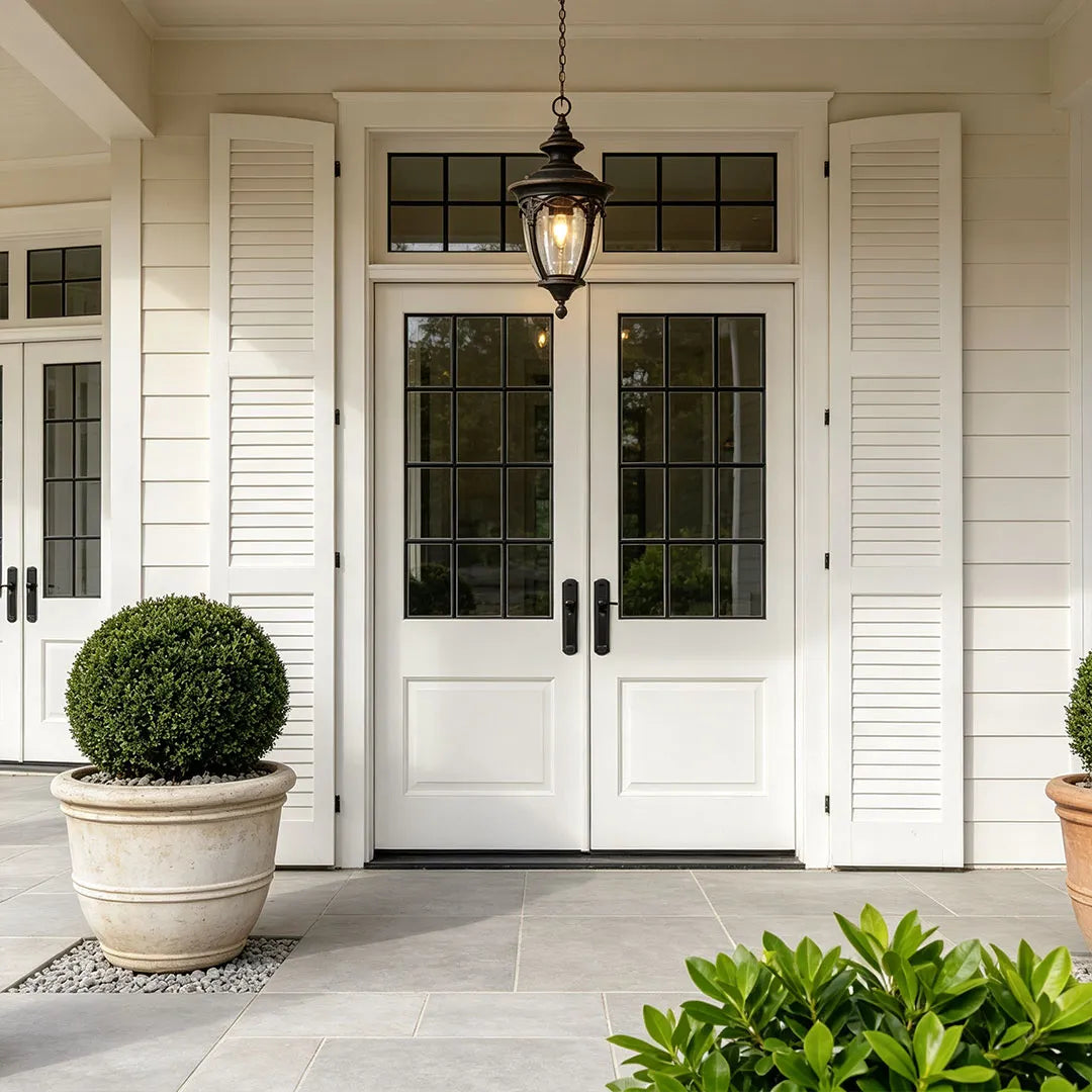 Black pendant porch light hanging above a white front porch entrance with double doors and a large planter.