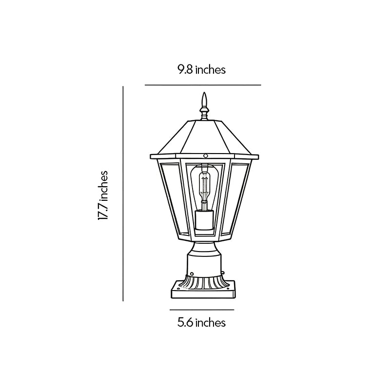 Black pillar light dimension drawing showing the fixture height, width, and overall measurements.
