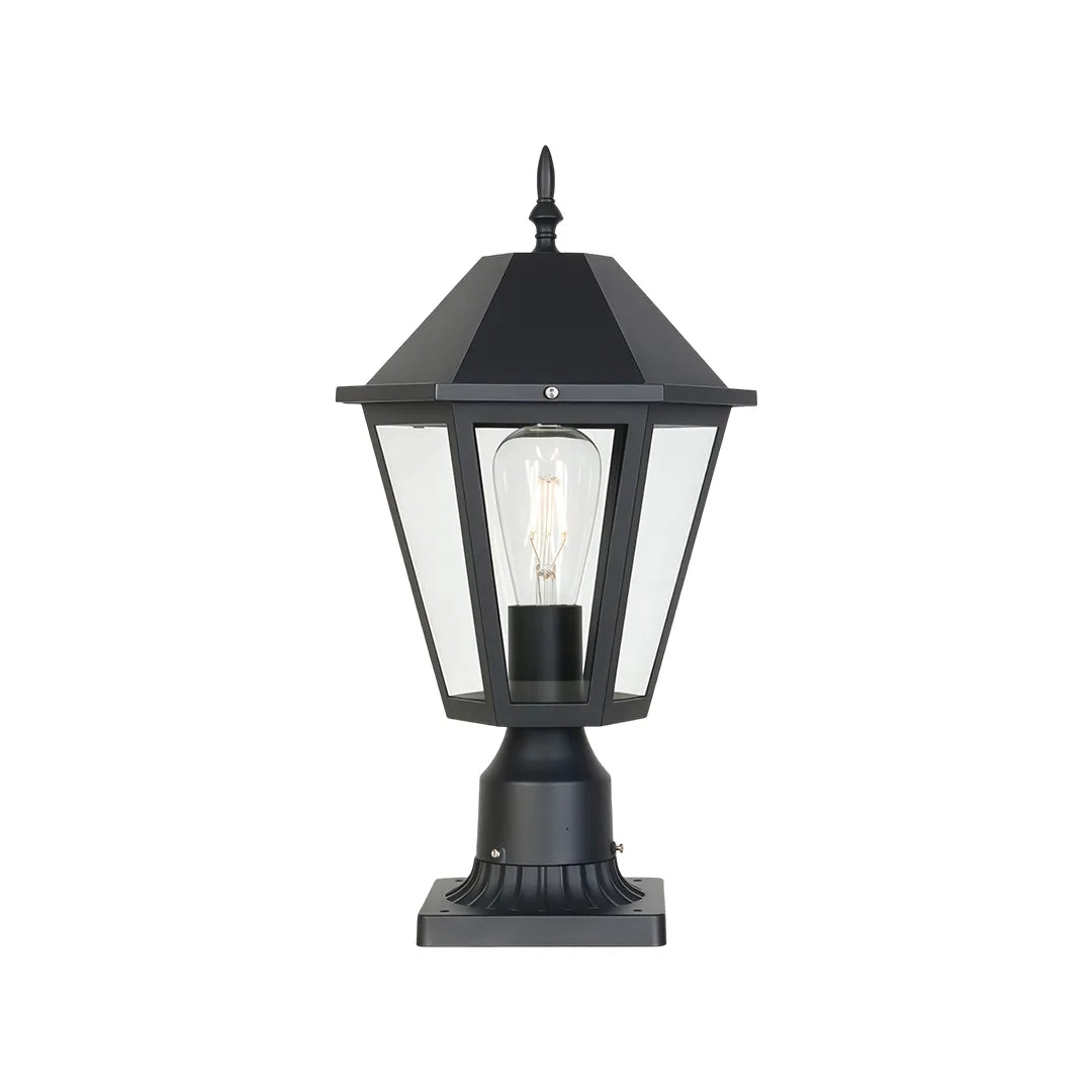 Black pillar light product image on a white background, featuring a classic lantern-style post cap design.