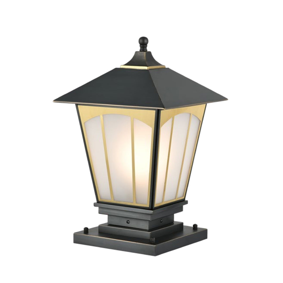 Black pillar lights for house with a traditional lantern design, perfect for elegant exteriors.