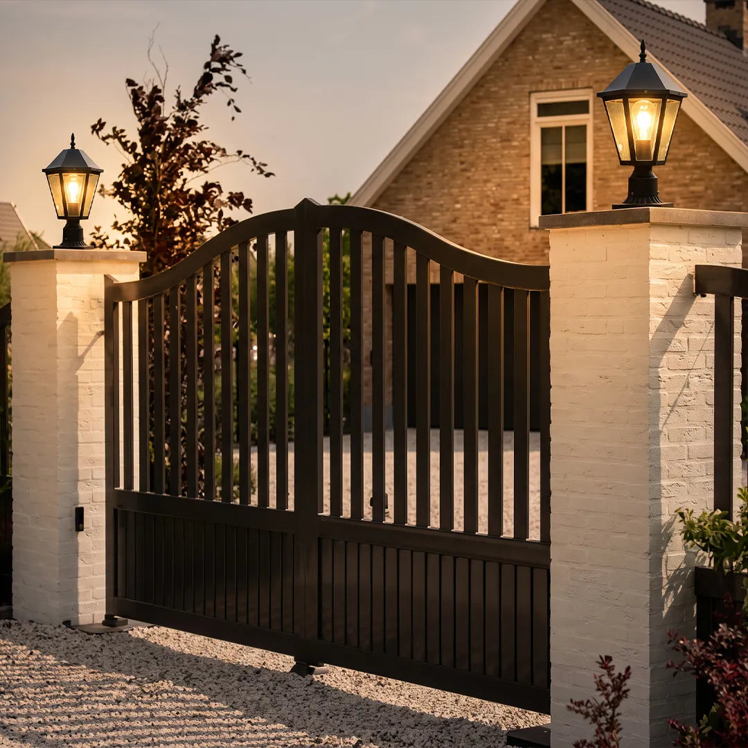 Black pillar lights mounted on gate columns, framing a curved driveway gate with elegant exterior lighting.