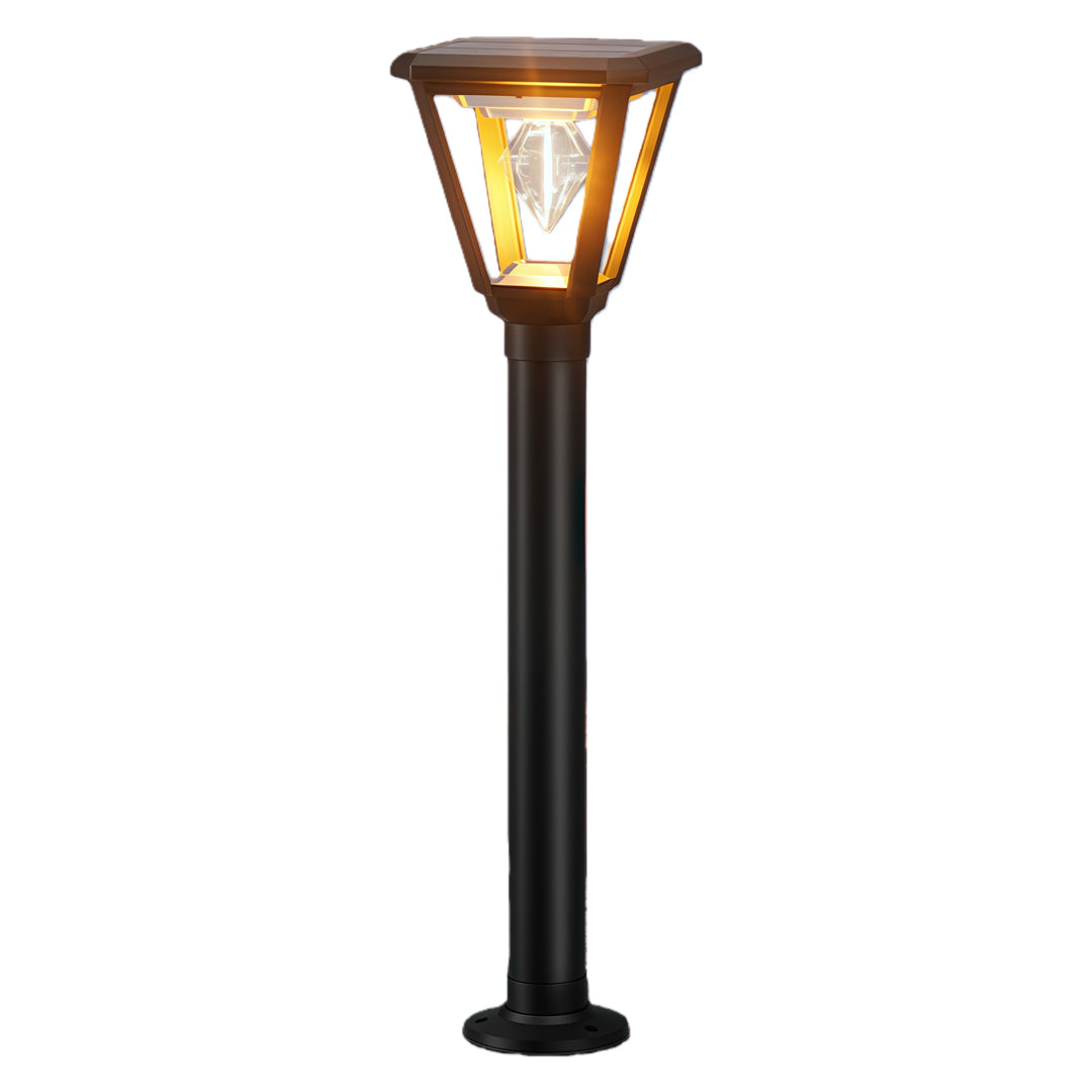 Slim black pole-mounted lantern using led post cap lights technology to illuminate pathways with warm light.