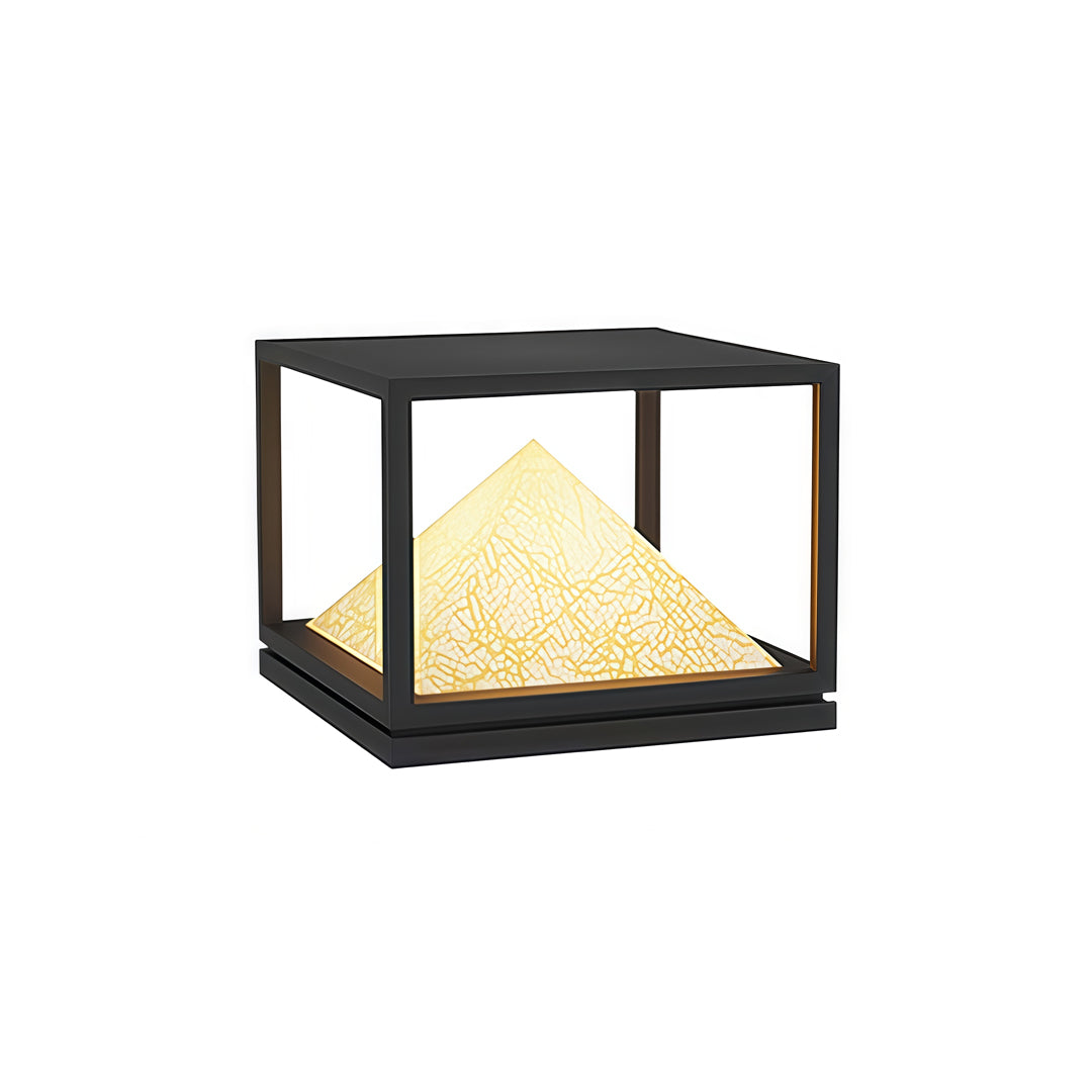 Compact black-frame pyramid outdoor lamp featuring warm light pillar design for landscape accents.