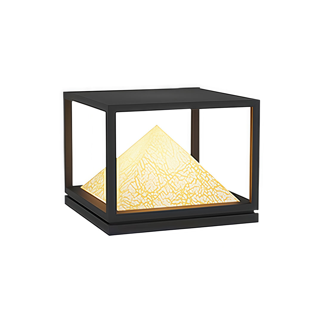 Modern black metal outdoor fixture with pyramid diffuser in a warm light pillar design.