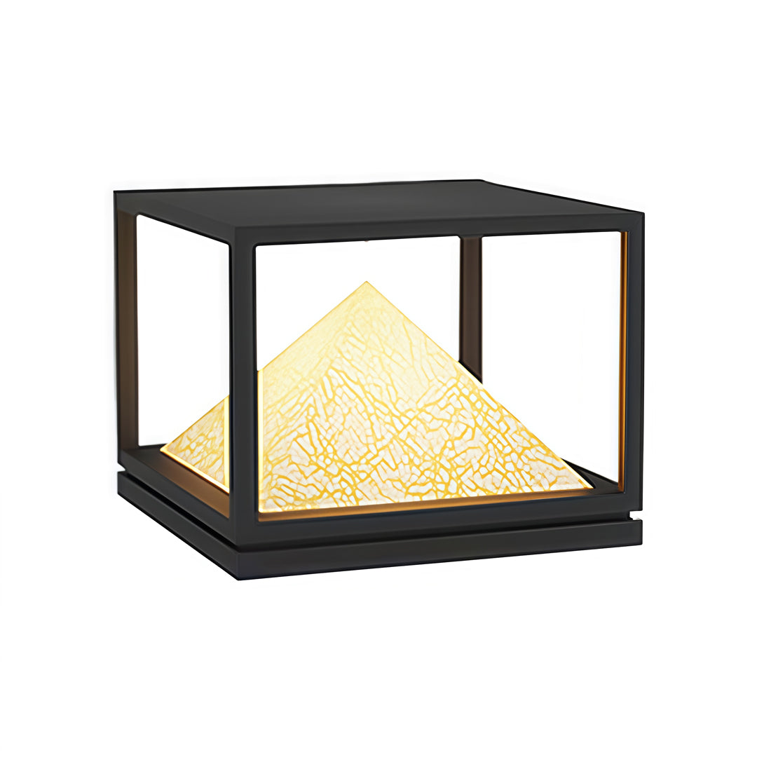 Contemporary square-frame outdoor fixture featuring pyramid-shaped warm glow in a light pillar design.
