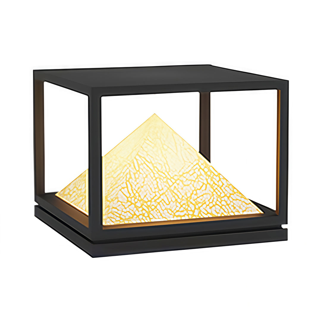 Stylish outdoor lamp with black square housing and pyramid diffuser in a soft light pillar design.