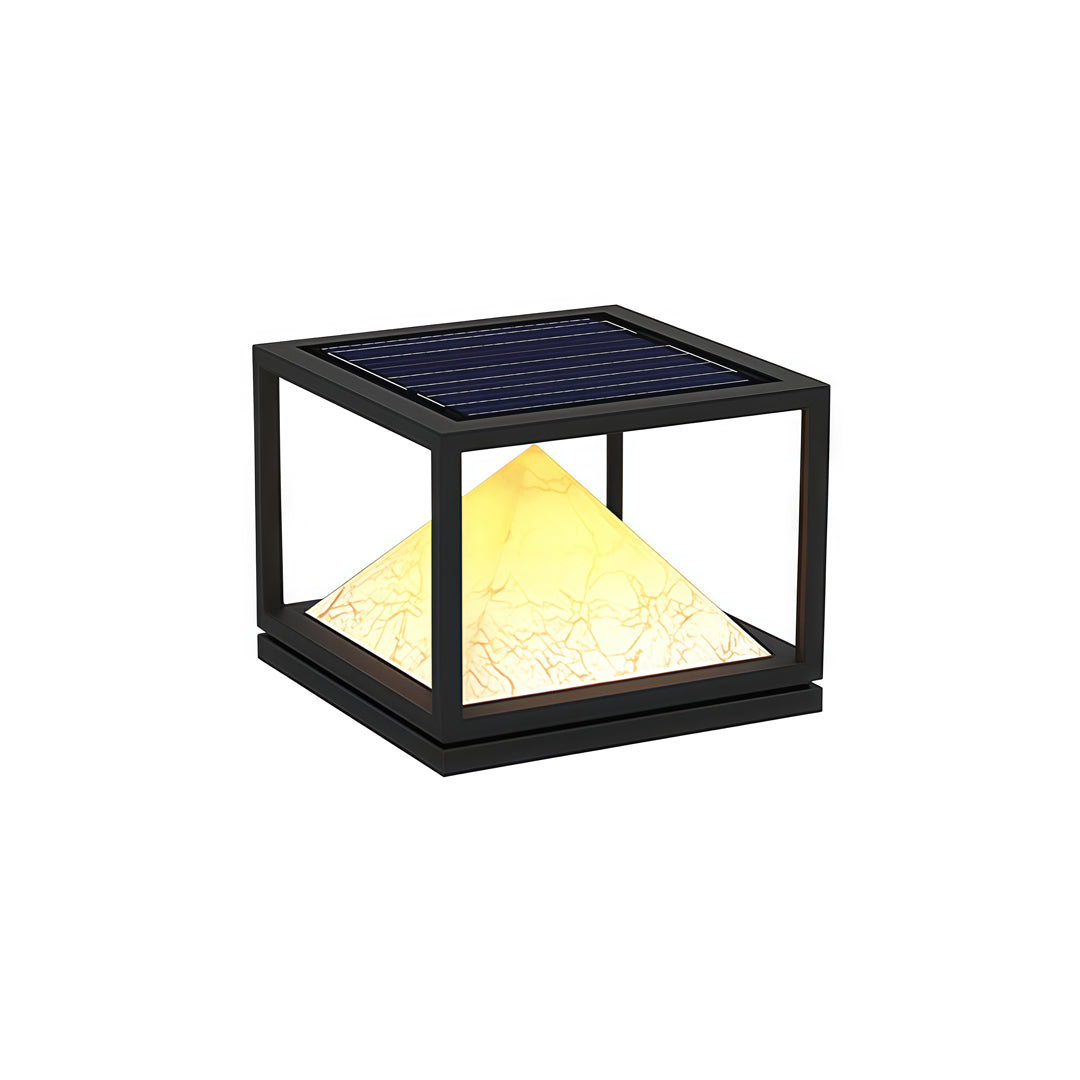 Minimalist black metal outdoor lighting with warm pyramid illumination in a light pillar design.