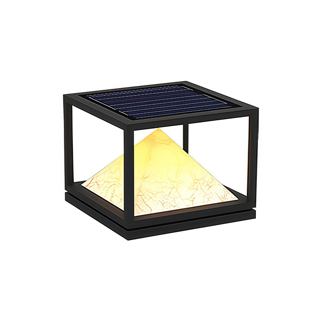 Black square-frame outdoor lighting fixture featuring warm pyramid glow in a modern light pillar design.