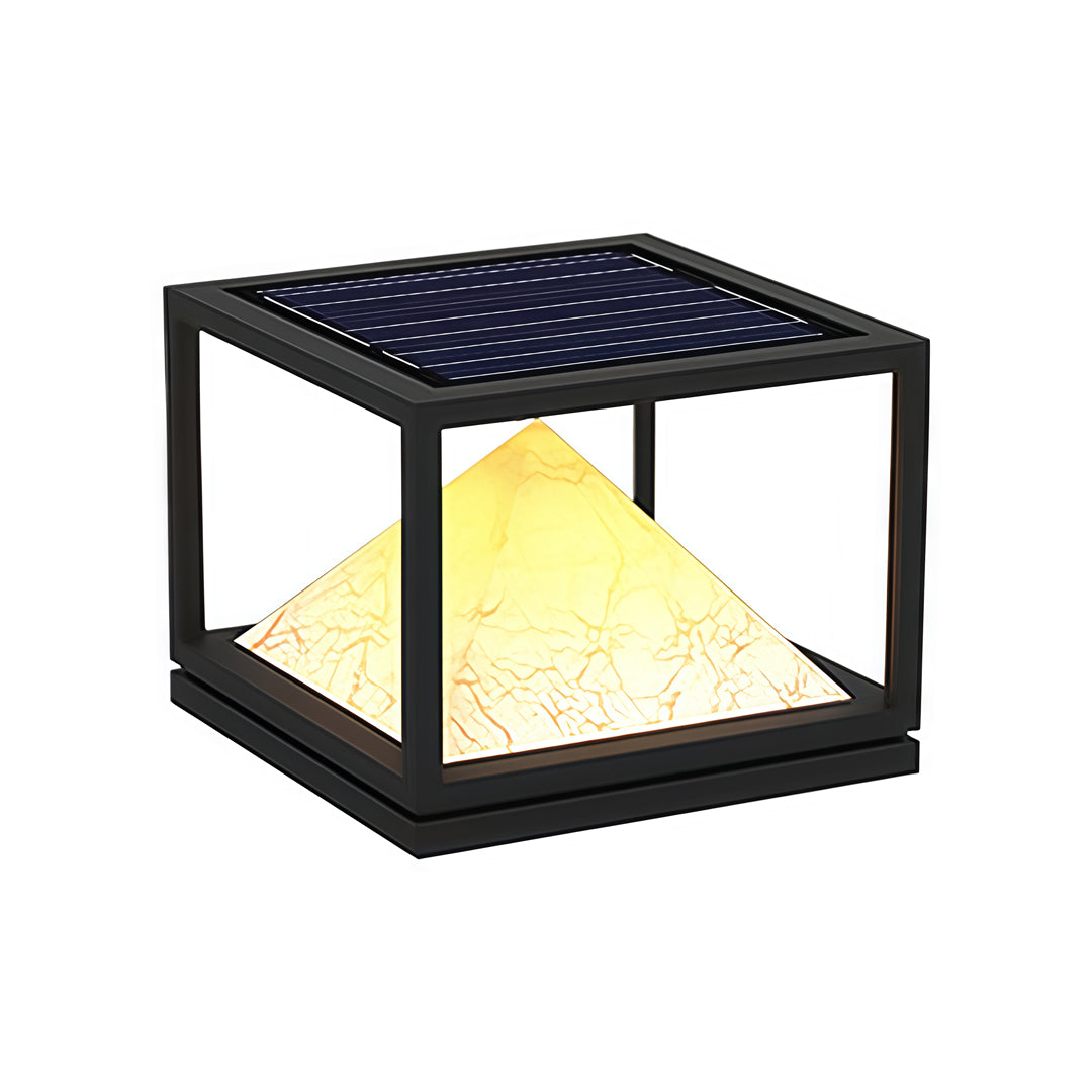Modern black outdoor cube lamp with glowing pyramid core in a clean light pillar design.
